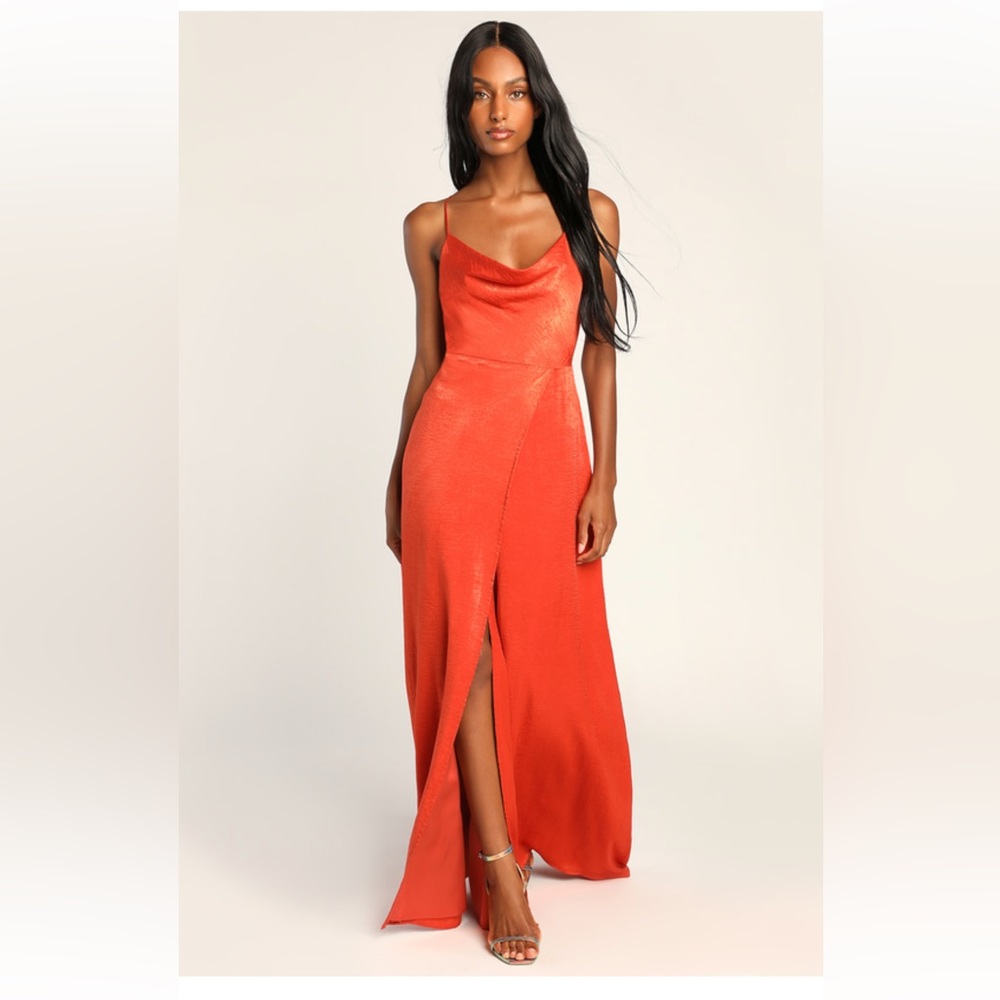 NWT LuLu’s Love of Romance Rust Orange Satin Cowl Neck Maxi Dress